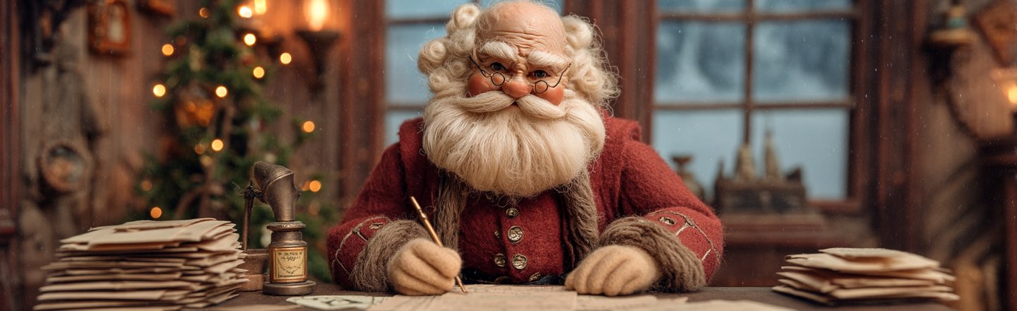 Santa writing personalized letters for children at his desk.